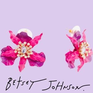New Betsey Johnson Gold Plated Orchid Flower Drop Earrings Crystal Accents 1.5"